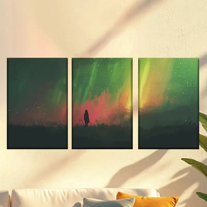 3pcs People under the Aurora Wall Art Set Canvas Framed 50x70cm - High Quality Print 100% Australian Made Wall Canvas Ready to Hang