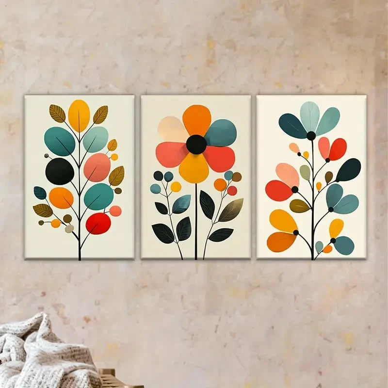 3pcs three colorful flowers with leaves Wall Art Set Canvas Framed 50x70cm - High Quality Print 100% Australian Made Wall Canvas Ready to Hang - Bella Home Decor