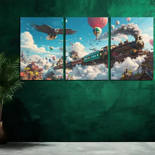 3pcs Charming Flying Train Wall Art Canvas Unframed - High Quality Print 100% Australian Made Wall Canvas - Bella Home Decor
