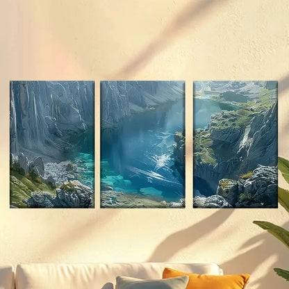 3pcs Deep Green Lake Canyon Wall Art Set Canvas Framed 50x70cm - High Quality Print 100% Australian Made Wall Canvas Ready to Hang - Bella Home Decor