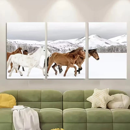 3pcs Snowy Landscape with Majestic Horses Metal Print Ready to Hang Art