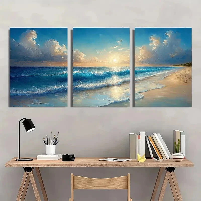 3pcs Serene Sunset & Wave Scenery Oil Painting Metal Print Ready to Hang Art - Bella Home Decor