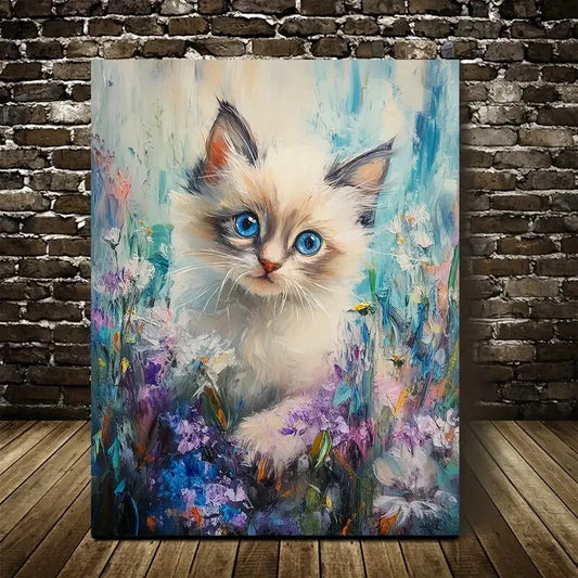 Cute Ragdoll Kitten with Flowers & Plants Painting 40x60cm Metal Print Ready to Hang