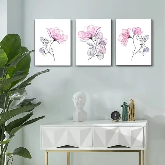 3pcs Pink Flowers Metal Print Ready to Hang Art
