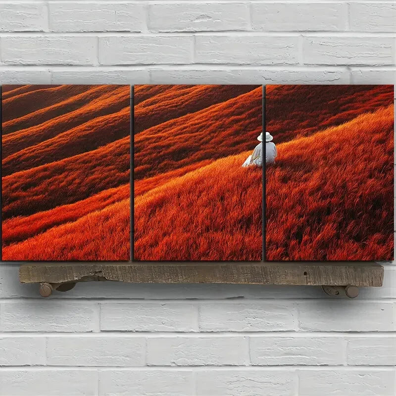 3pcs Straw Hat Is Sitting on The Grass Metal Print Ready to Hang Art - Bella Home Decor