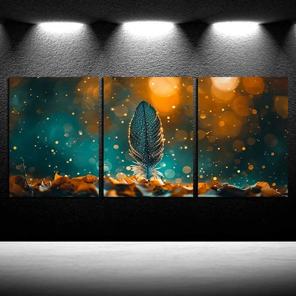 3pcs Modern Feather with Dry Leaves Design Metal Print Ready to Hang Art - Bella Home Decor
