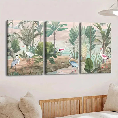 3pcs Tropical Forest & Birds Trees River Clouds Wall Art Set Canvas Unframed - High Quality Print 100% Australian Made Wall Canvas