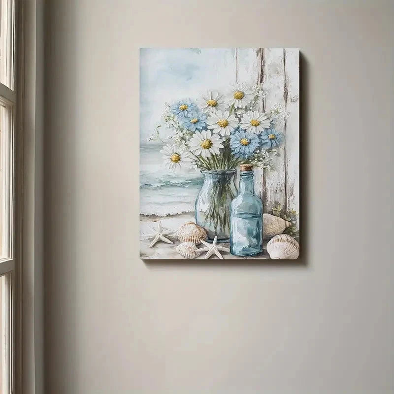 Canvas print of a floral scene with bottles and shells on a wall.