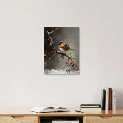 Framed artwork of a bird on a branch with berries above a wooden shelf with books and an open book.