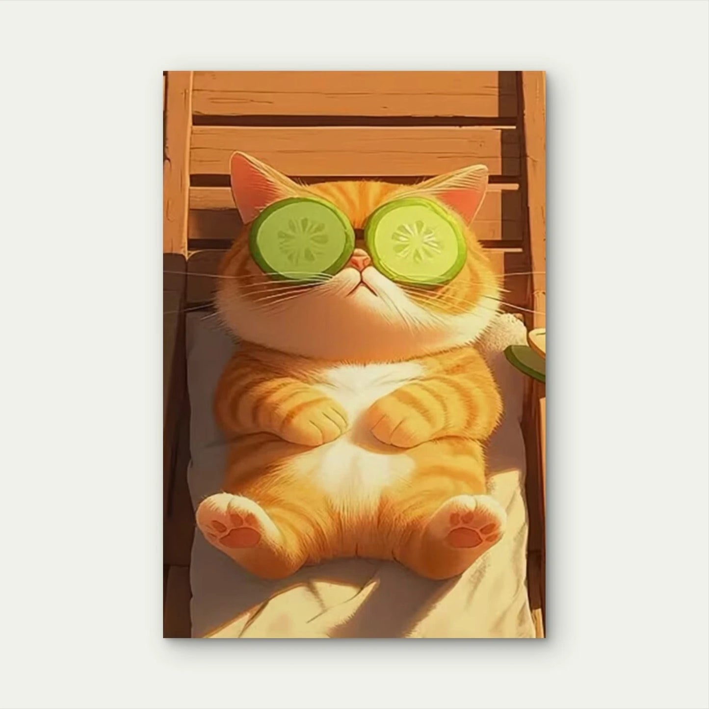 Whimsical Cat with Cucumber Slices 60x90cm Metal Print Ready to Hang