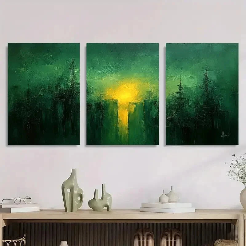 3pcs Green Abstract Oil Painting Metal Print Ready to Hang Art - Bella Home Decor