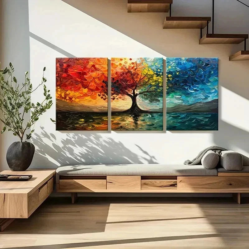 3pcs Vibrant Colorful Autumn Tree Wall Art Set Canvas Framed 60x90cm - High Quality Print 100% Australian Made Wall Canvas Ready to Hang