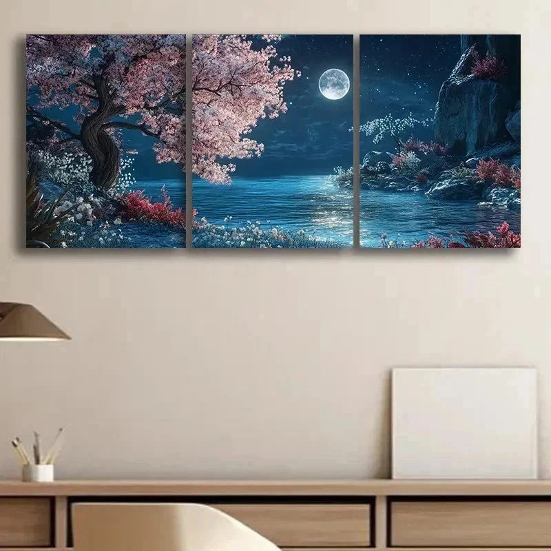 3pcs Pink Blossom Tree and Moon Wall Art Set Canvas Framed 60x90cm - High Quality Print 100% Australian Made Wall Canvas Ready to Hang