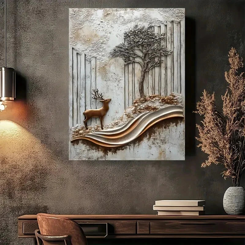 Beautiful Winter Forest Scene with Deer Painting 40x60cm Metal Print Ready to Hang - Bella Home Decor
