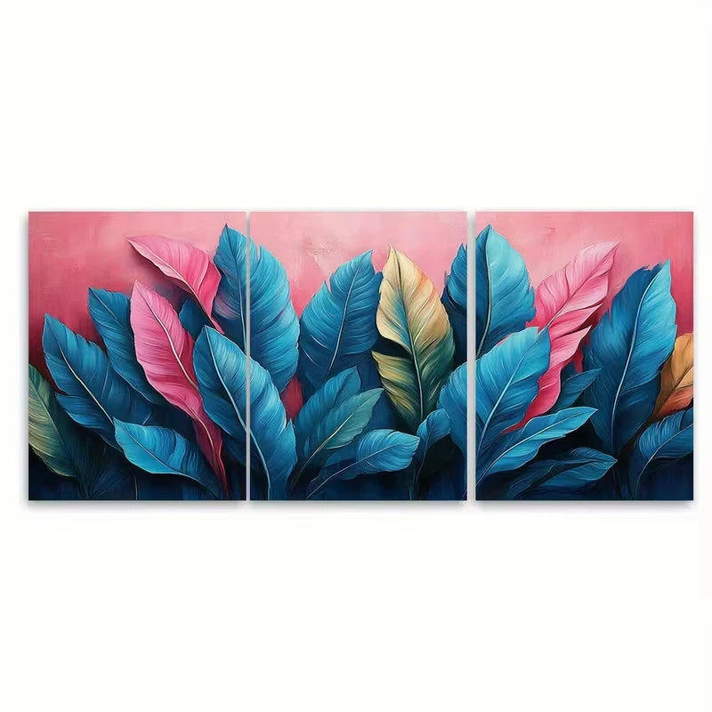 3pcs Jungle Foliage Pink Blue Teal Leaves Wall Art Set Canvas Framed 50x70cm - High Quality Print 100% Australian Made Wall Canvas Ready to Hang