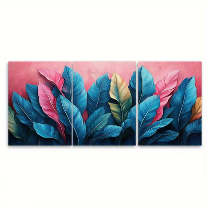 3pcs Jungle Foliage Pink Blue Teal Leaves Wall Art Set Canvas Framed 50x70cm - High Quality Print 100% Australian Made Wall Canvas Ready to Hang