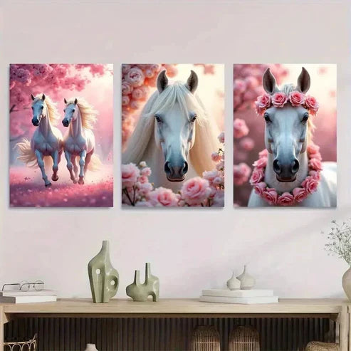 3pcs Horse Pink Floral Background Beautiful Wall Art Set Canvas Unframed - High Quality Print 100% Australian Made Wall Canvas