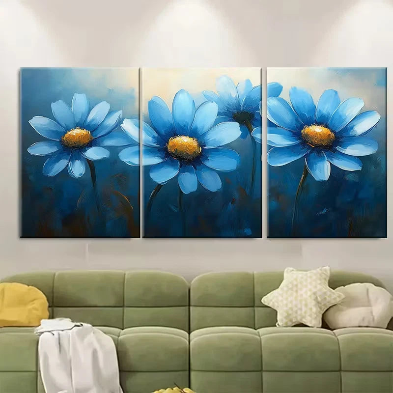 3pcs Gouache Blue Daisy Flower Abstract Metal Print Ready to Hang Art