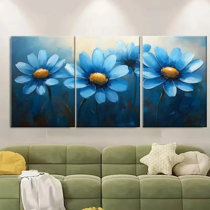 3pcs Gouache Blue Daisy Flower Abstract Metal Print Ready to Hang Art