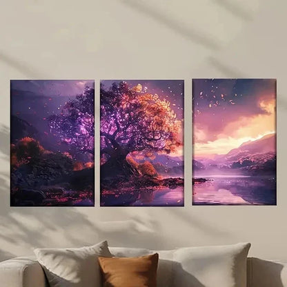 3pcs Tree with a Purple Sky and a Lake Wall Art Canvas Unframed - High Quality Print 100% Australian Made Wall Canvas