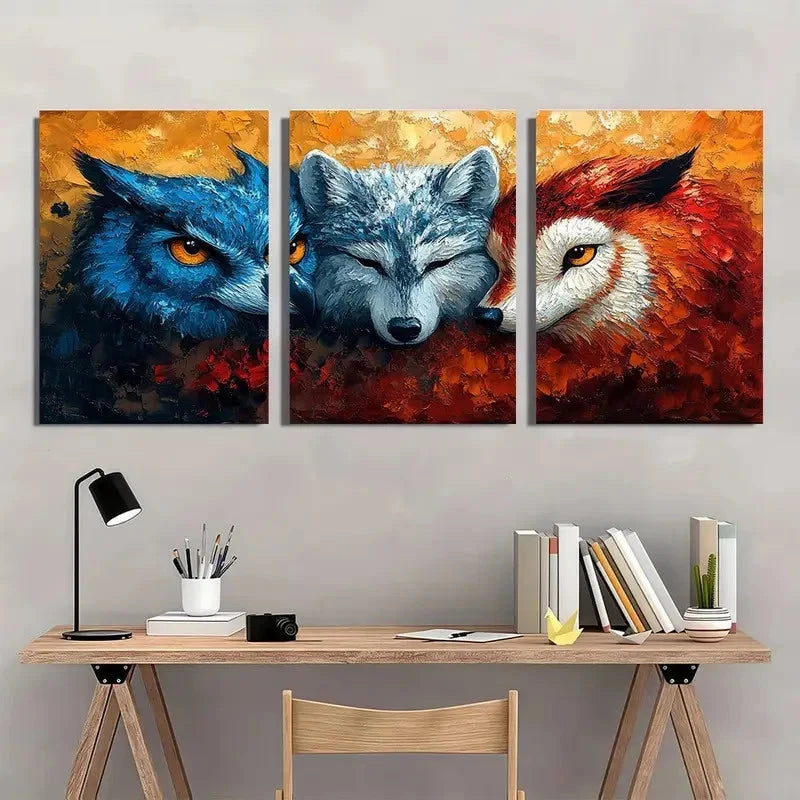 3pcs Animal Wolf and Owl Painting Metal Print Ready to Hang Art - Bella Home Decor