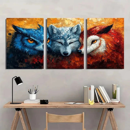 3pcs Animal Wolf and Owl Painting Metal Print Ready to Hang Art - Bella Home Decor