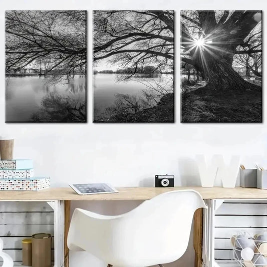 3pcs Modern Ancient Tree By The Lake Perfect Wall Art Set Canvas Framed 40x60cm - High Quality Print 100% Australian Made Wall Canvas Ready to Hang