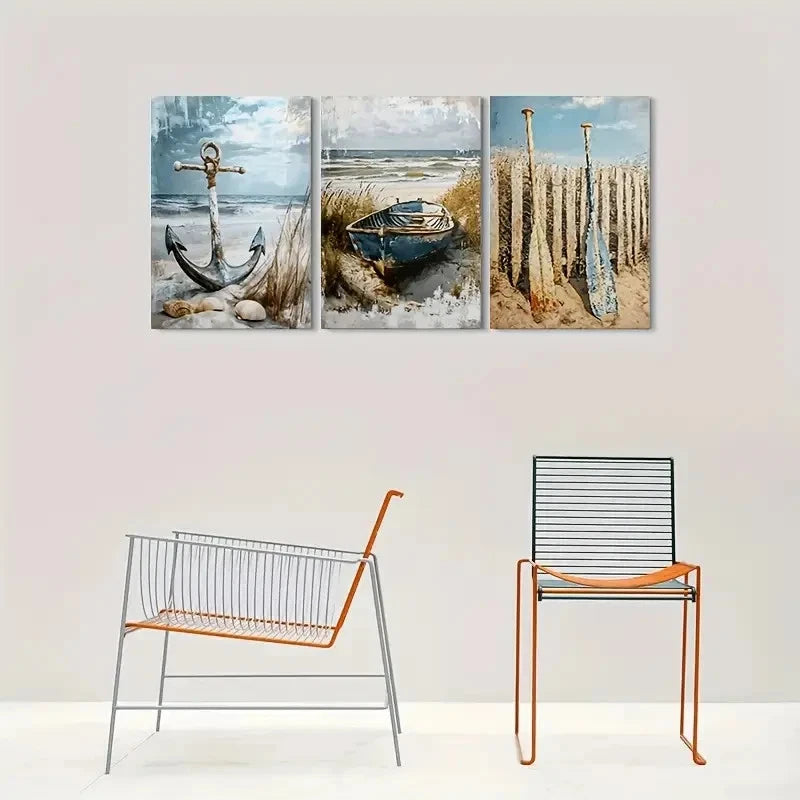 3pcs Beach Scene Anchor Boat and Sailboats Metal Print Ready to Hang Art - Bella Home Decor