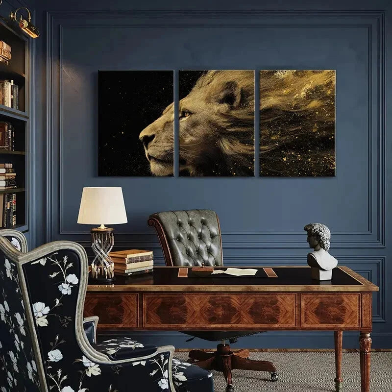 3pcs Lion Profile Art Golden Dust Effect Metal Print Ready to Hang Art - Bella Home Decor