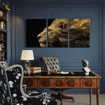 3pcs Lion Profile Art Golden Dust Effect Metal Print Ready to Hang Art - Bella Home Decor