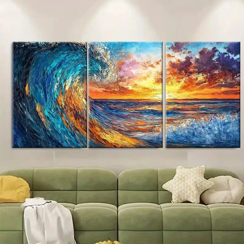 3pcs Vibrant Abstract Blue Ocean Wave Metal Print Ready to Hang Art - Bella Home Decor