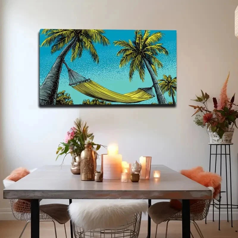 Tropical Beach Scene With Palm Wall Art Canvas Office Home Room Framed 120x60cm