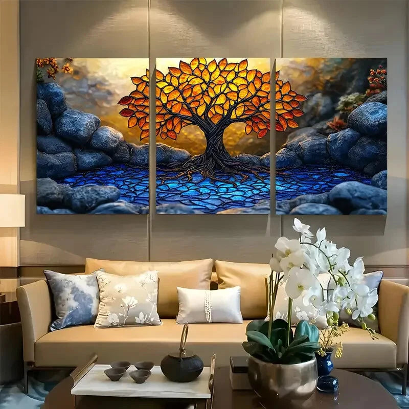 3pcs Yggdrasil Tree Of Life Stained Glass Style Metal Print Ready to Hang Art