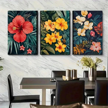 3pcs Vibrant Hibiscus & Plumeria Flowers Perfect Wall Art Set Canvas Framed 50x70cm - High Quality Print 100% Australian Made Wall Canvas Ready to Hang