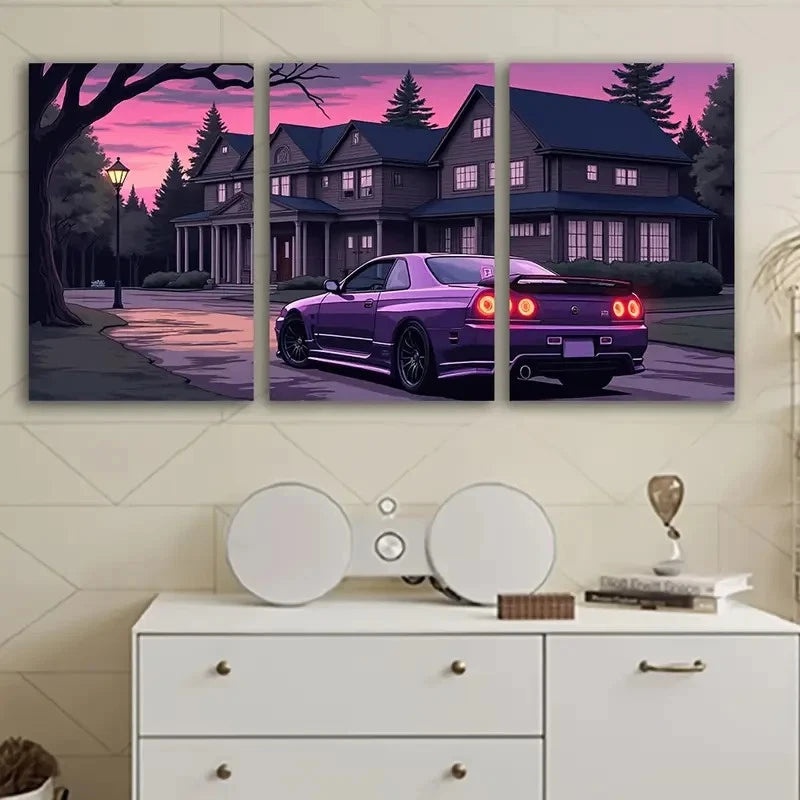 3pcs Purple Sports Car Wall Art Set Canvas Framed 50x70cm - High Quality Print 100% Australian Made Wall Canvas Ready to Hang