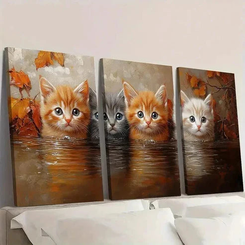 3pcs Whimsical Adorable Kitten in Water Wall Art Canvas Unframed - High Quality Print 100% Australian Made Wall Canvas