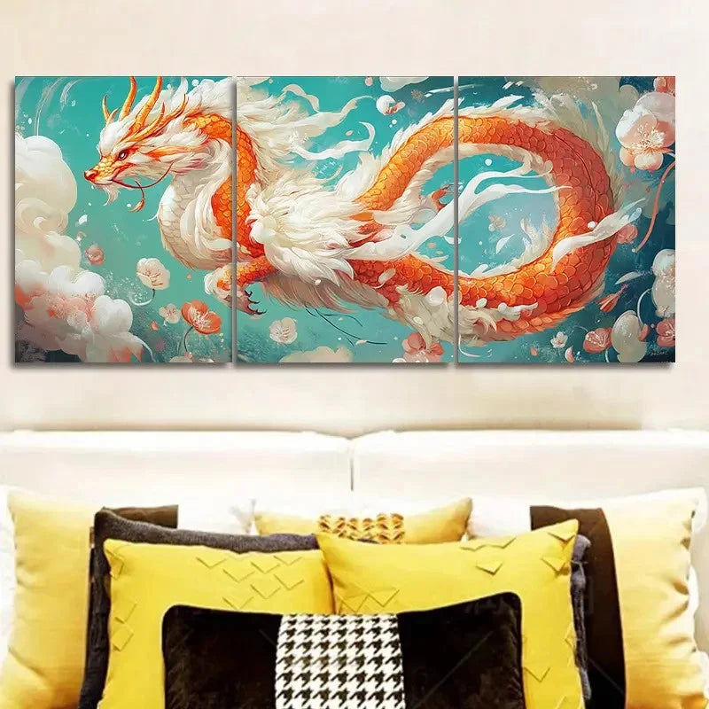 3pcs Featuring a Chinese Dragon Wall Art Set Canvas Framed 50x70cm - High Quality Print 100% Australian Made Wall Canvas Ready to Hang