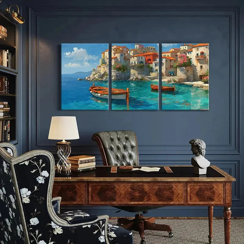 3pcs Artistic Coastal Village Mediterranean Style Metal Print Ready to Hang Art - Bella Home Decor