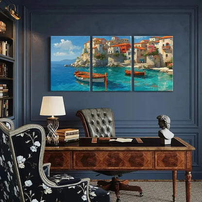 3pcs Artistic Coastal Village Mediterranean Style Metal Print Ready to Hang Art - Bella Home Decor