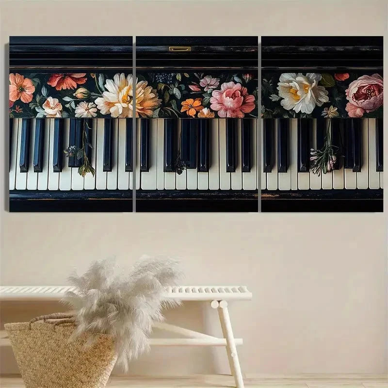 3pcs Floral Piano Keys Wall Art Set Canvas Framed 60x90cm - High Quality Print 100% Australian Made Wall Canvas Ready to Hang