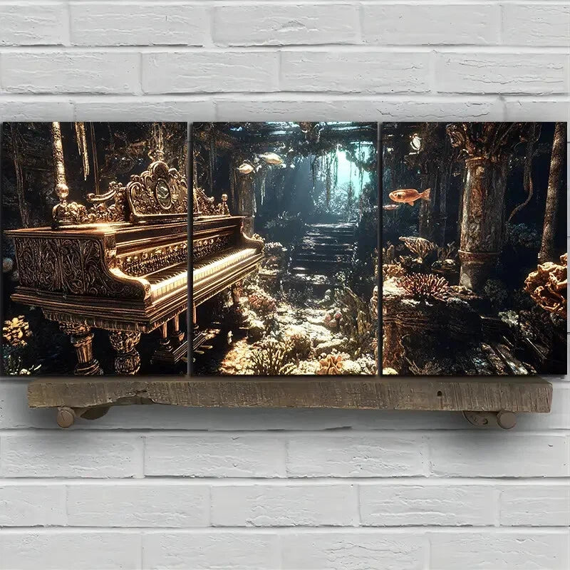 3pcs Piano Under the Sea Fishes Metal Print Ready to Hang Art - Bella Home Decor