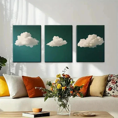 3pcs Dreamy White Clouds on Deep Green Perfect Wall Art Canvas Unframed - High Quality Print 100% Australian Made Wall Canvas - Bella Home Decor