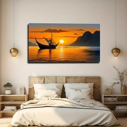 Sunset Fishing Boat Coastal Wall Art Canvas Office Home Room Framed 120x60cm