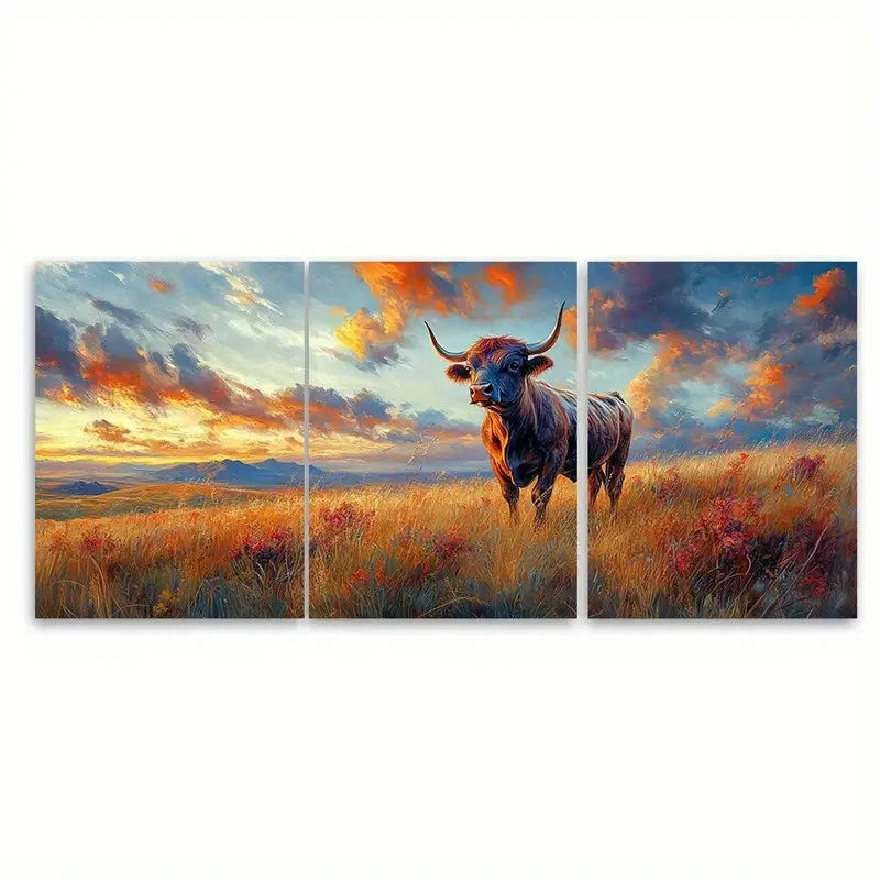 3pcs Colourful Sky Highland COW      Wall Art Set Canvas Framed 50x70cm - High Quality Print 100% Australian Made Wall Canvas Ready to Hang - Bella Home Decor