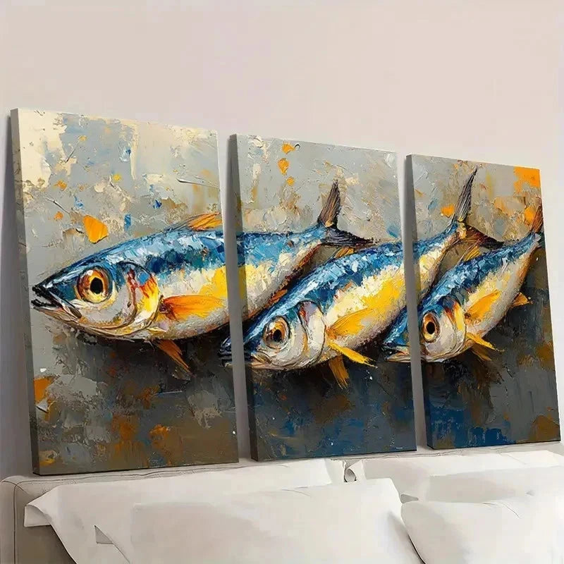 3pcs Vibrant Blue & Orange Fish KL   Wall Art Set Canvas Framed 50x70cm - High Quality Print 100% Australian Made Wall Canvas Ready to Hang