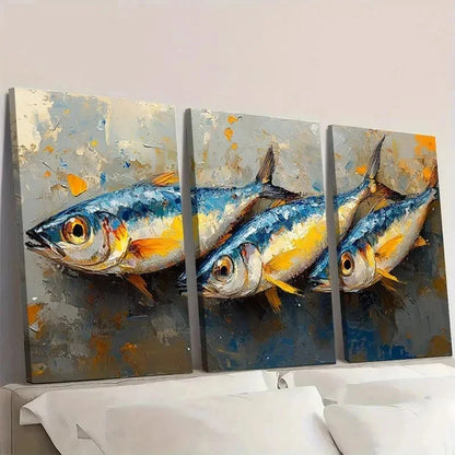 3pcs Vibrant Blue & Orange Fish KL   Wall Art Set Canvas Framed 50x70cm - High Quality Print 100% Australian Made Wall Canvas Ready to Hang