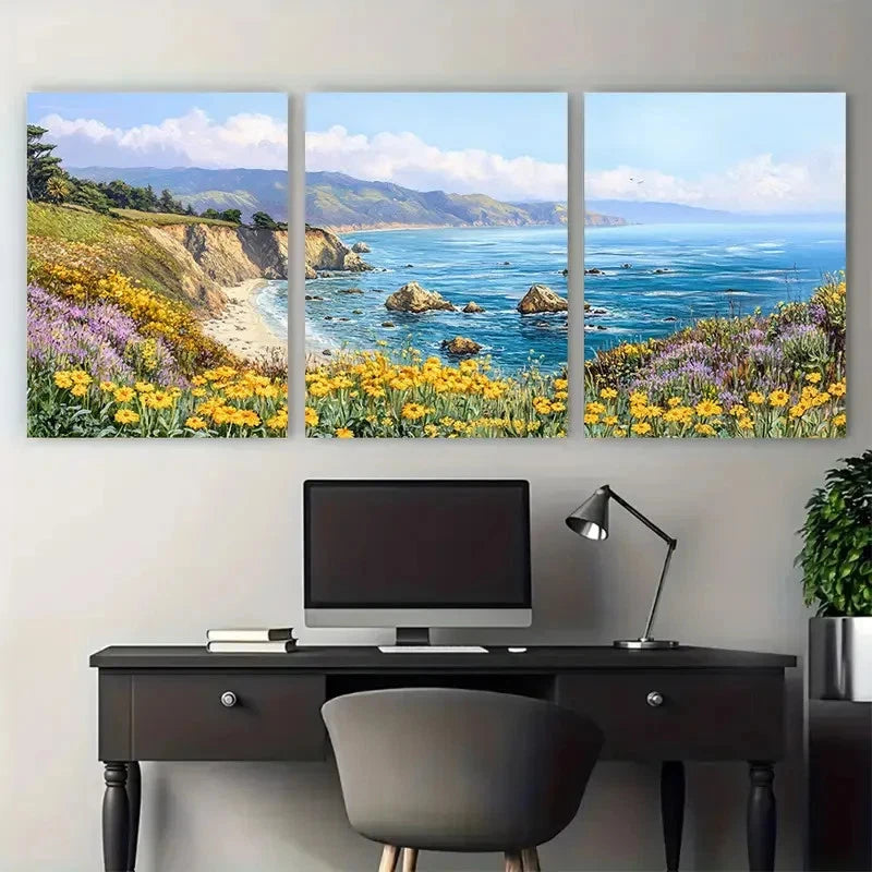 3pcs Big Sur Wildflowers Coastal Ocean Landscape Wall Art Set Canvas Framed 40x60cm - High Quality Print 100% Australian Made Wall Canvas Ready to Hang - Bella Home Decor