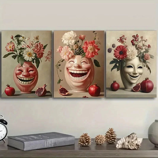 3pcs A Vase with Carved Faces Metal Print Ready to Hang Art