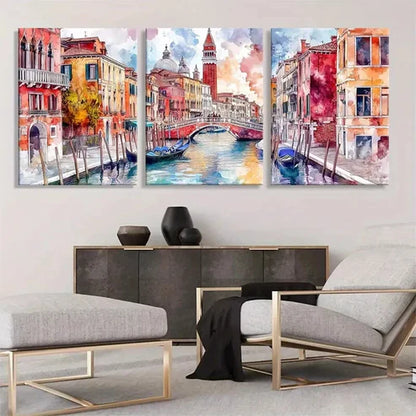 3pcs Venice Canal Triptych Vibrant Perfect Wall Art Set Canvas Unframed - High Quality Print 100% Australian Made Wall Canvas