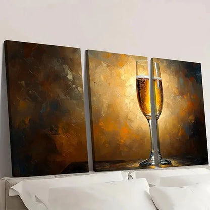 3pcs Champagne Glass Golden & Brown FG Wall Art Canvas Unframed - High Quality Print 100% Australian Made Wall Canvas - Bella Home Decor